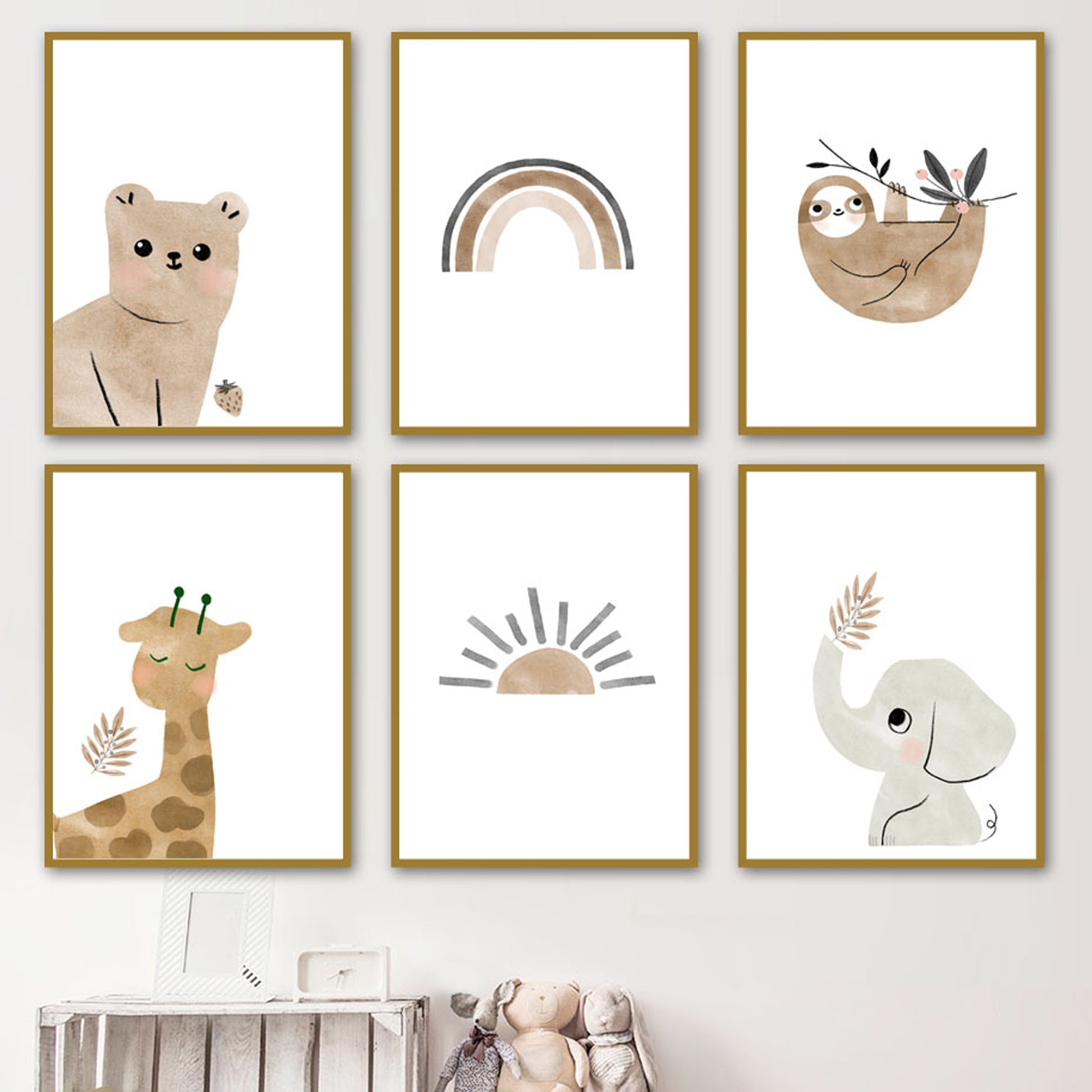 affiche enfant aquarelle animaux éléphant ourson girafe soleil