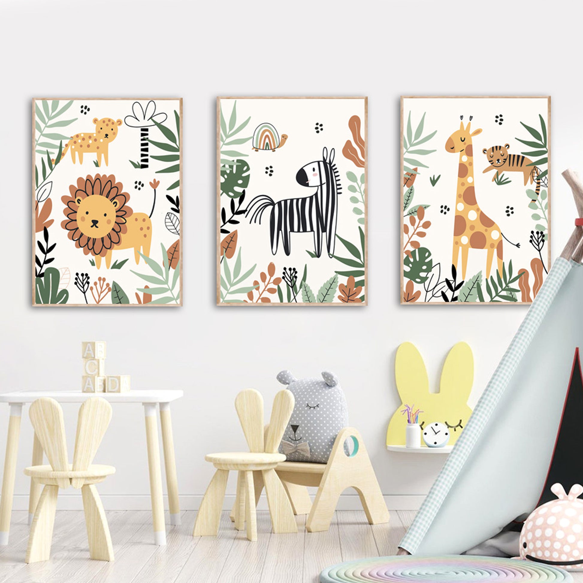 affiche animaux enfant savane girafe zèbre lion décoration enfant safari 