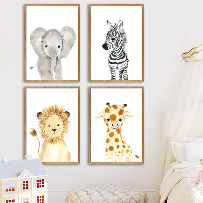affiche enfant bébé aquarelle animaux savane lionceau zèbre éléphant éléphanteau lion girafe girafon aquarelle